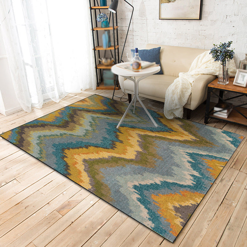 Minimalist modern rug in yellow and blue with abstract wave pattern rug polyester non-slip rug for home decor | Bowlift