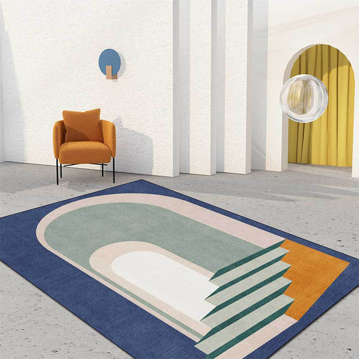 Modern living room rug in blue and green color block door stair print rug polyester machine washable area rug | Bowlift