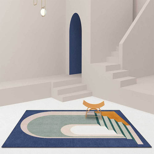 Modern living room rug in blue and green color block door stair print rug polyester machine washable area rug | Bowlift