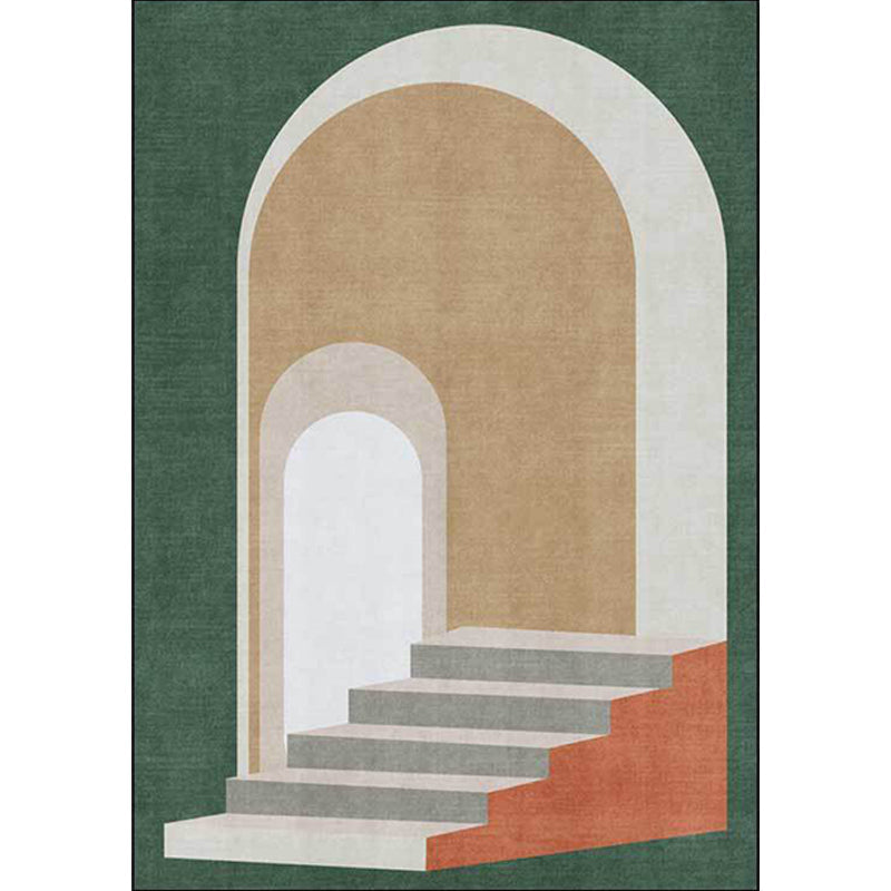 Modern living room rug in blue and green color block door stair print rug polyester machine washable area rug | Bowlift