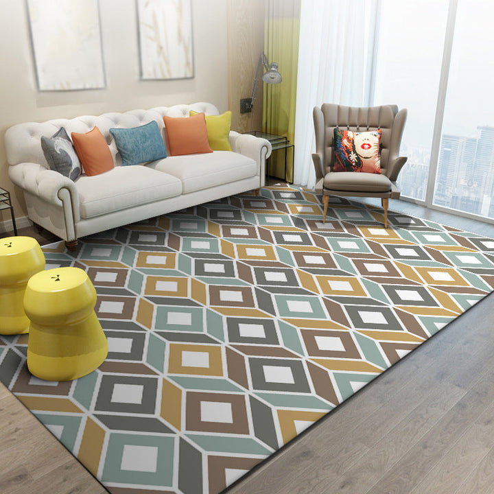 Yellow and Teal Bedroom Rug Modern Geometry Diamond Pattern Area Rug Polyester Non-Slip Back Rug | Bowlift