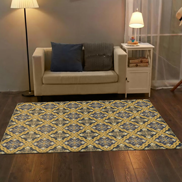 BowLift | Moroccan Living Room Carpet in Yellow Flower Ring Print Carpet Polyester Pet Friendly Non-Slip Area Rug