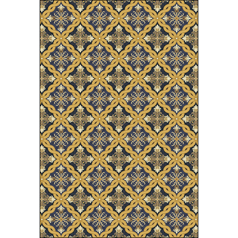 Moroccan living room rug in yellow floral chain pattern rug polyester pet-friendly non-slip area rug | Bowlift