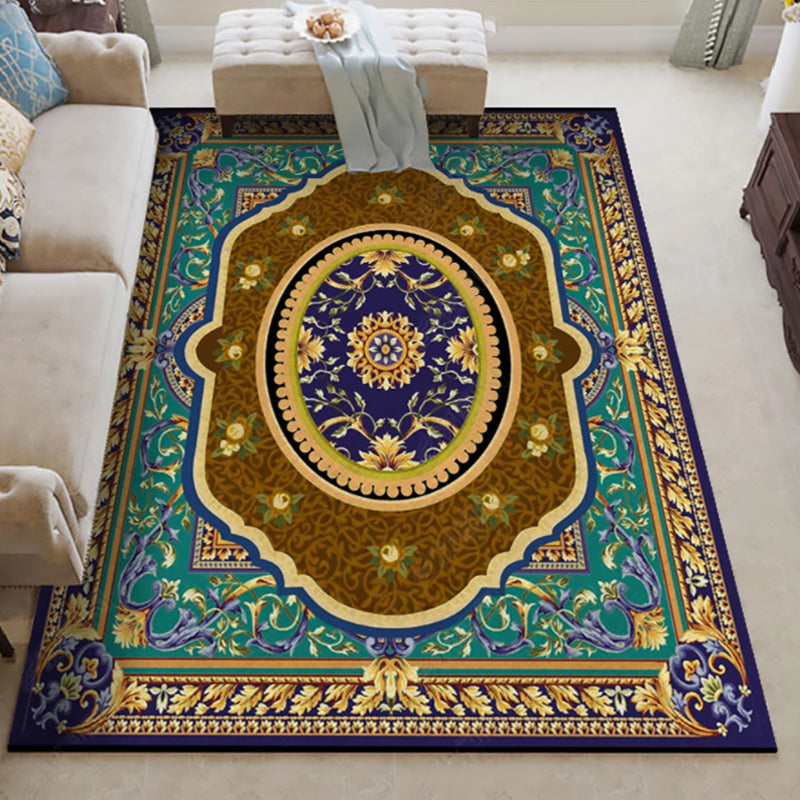 BowLift | Oriental Moroccan carpet in blue and red medallion floral pattern carpet polyester washable rug for home decor