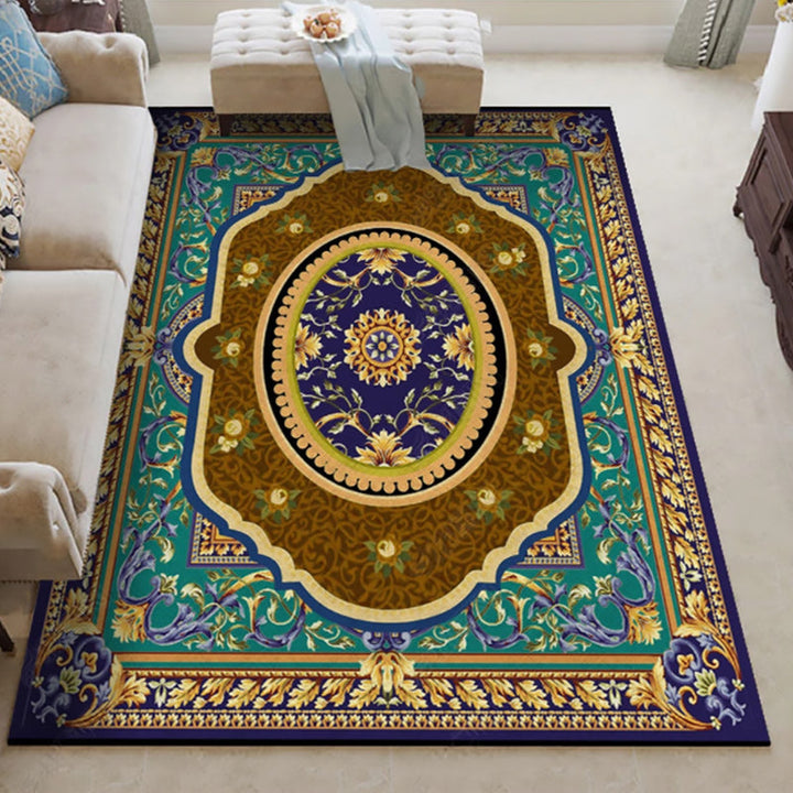 BowLift | Oriental Moroccan carpet in blue and red medallion floral pattern carpet polyester washable rug for home decor