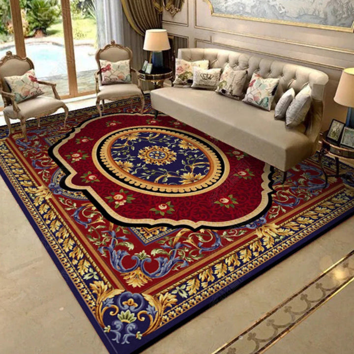 BowLift | Oriental Moroccan carpet in blue and red medallion floral pattern carpet polyester washable rug for home decor