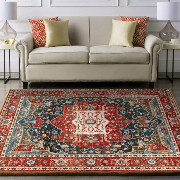 BowLift | Oriental Moroccan carpet in blue and red medallion floral pattern carpet polyester washable rug for home decor