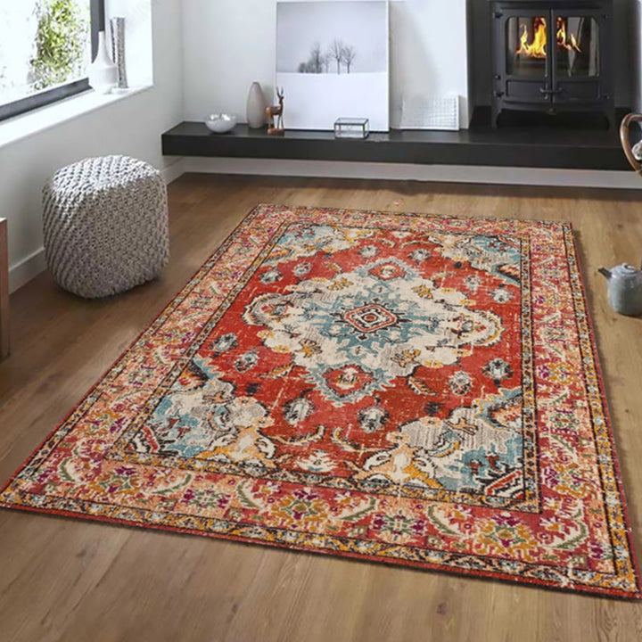 BowLift | Oriental Moroccan carpet in blue and red medallion floral pattern carpet polyester washable rug for home decor