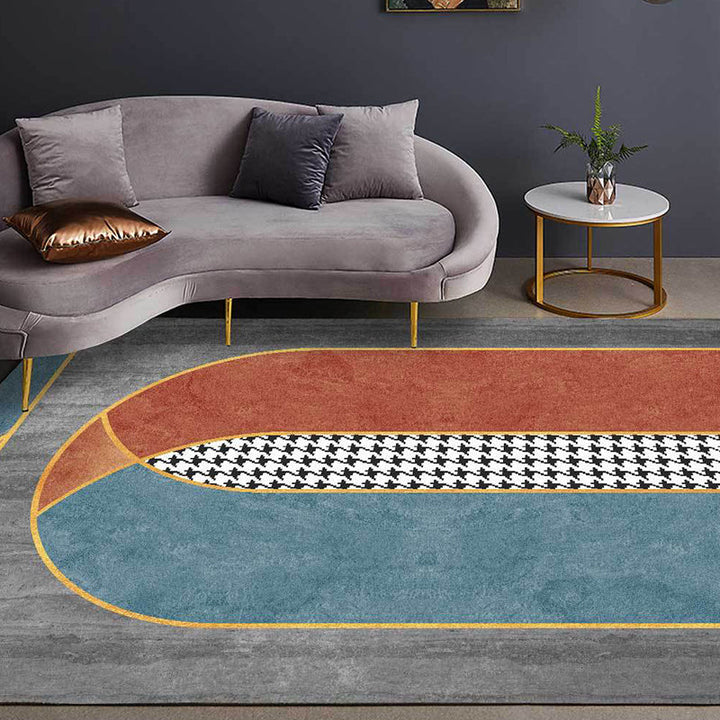 Red and gray novelty rug polyester color block and houndstooth pattern rug washable non-slip backing rug for the living room | Bowlift