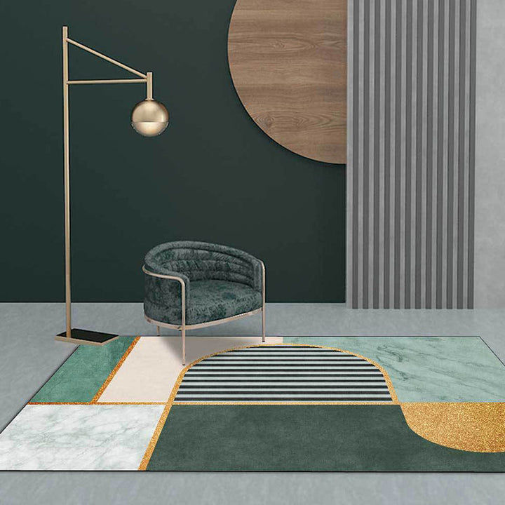 Modern marble surface pattern rug with stripes green, polyester rug, machine washable, non-slip area rug for the bedroom | Bowlift