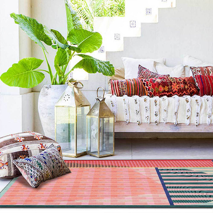 Pink Bedroom Carpet Modern Color Box Geometry Stripe Pattern Carpet Polyester Stain Resistant Carpet | Bowlift