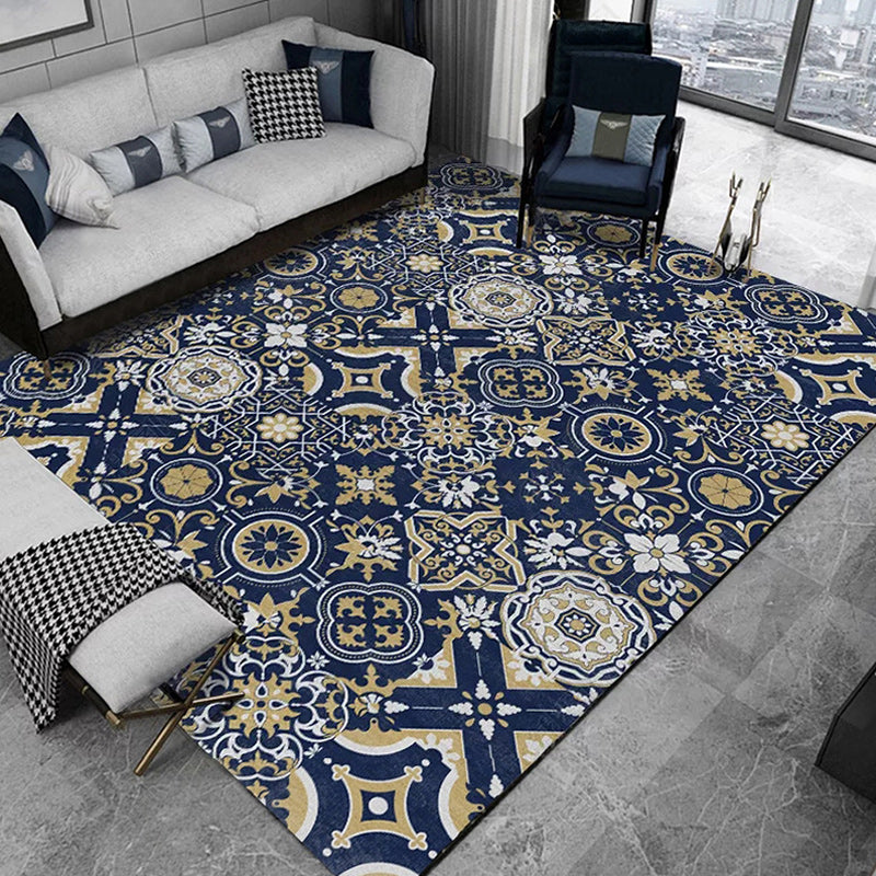 Blue Bedroom Rug Moroccan Flower Square Pattern Rug Polyester Non-Slip Back Rug | Bowlift
