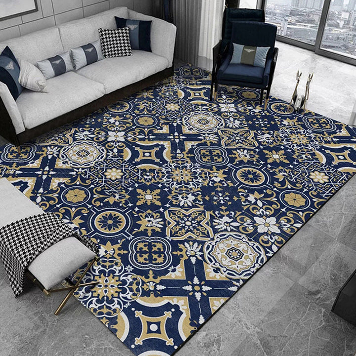 Blue Bedroom Rug Moroccan Flower Square Pattern Rug Polyester Non-Slip Back Rug | Bowlift