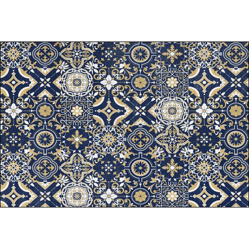 Blue Bedroom Rug Moroccan Flower Square Pattern Rug Polyester Non-Slip Back Rug | Bowlift