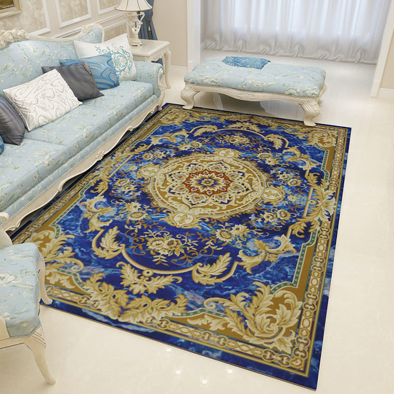 BowLift | Moroccan Living Room Rug in Blue and Brown Medallion Floral Pattern Print Rug Polyester Pet-Friendly Rug