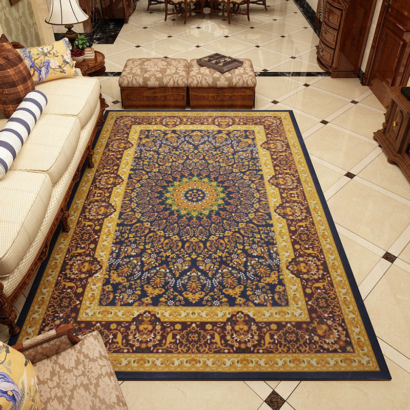 BowLift | Moroccan Living Room Rug in Blue and Brown Medallion Floral Pattern Print Rug Polyester Pet-Friendly Rug