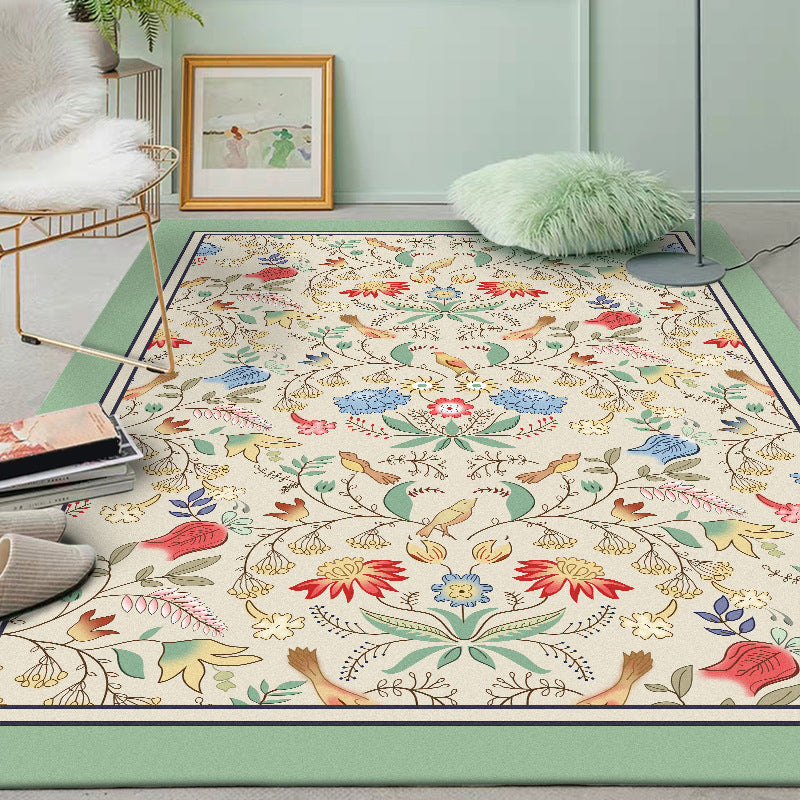 Retro floral pattern rug with leaf beige and green classic rug polyester washable non-slip back rug for living room | Bowlift