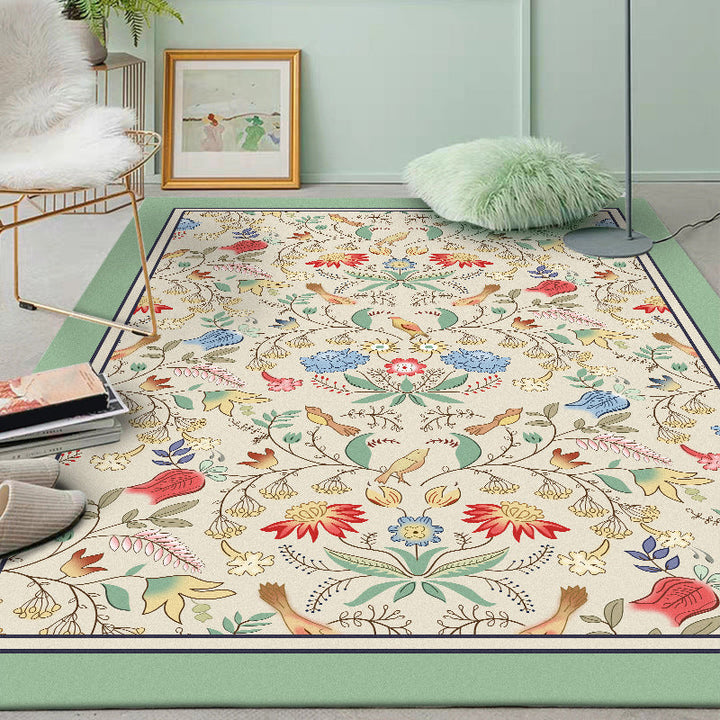 Retro floral pattern rug with leaf beige and green classic rug polyester washable non-slip back rug for living room | Bowlift