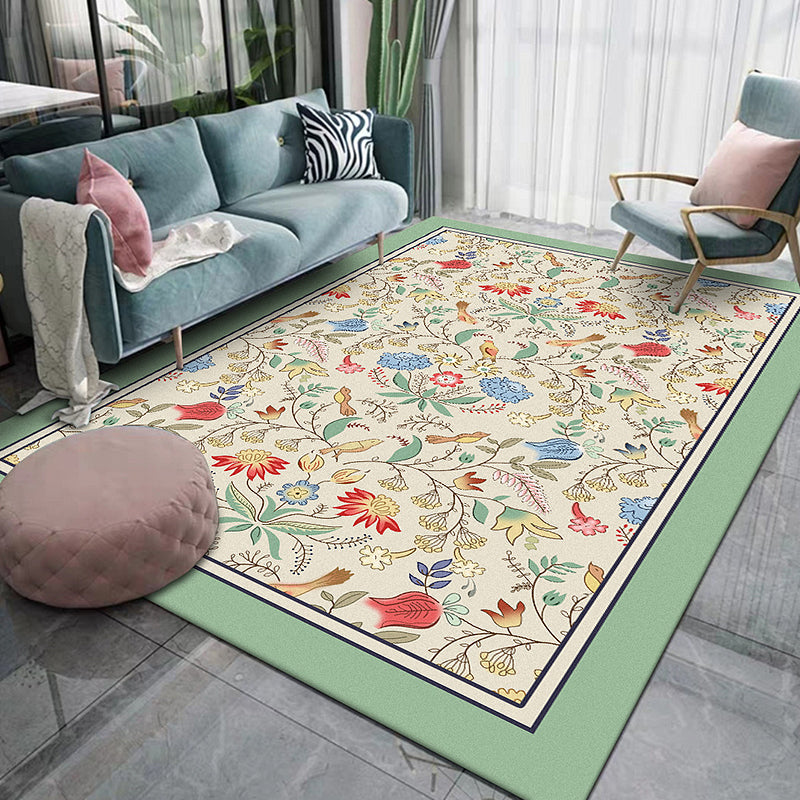 Retro floral pattern rug with leaf beige and green classic rug polyester washable non-slip back rug for living room | Bowlift