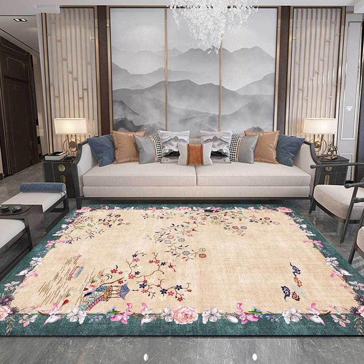BowLift | Light brown vintage carpet made of polyester with floral pattern, washable, non-slip back, carpet for the living room