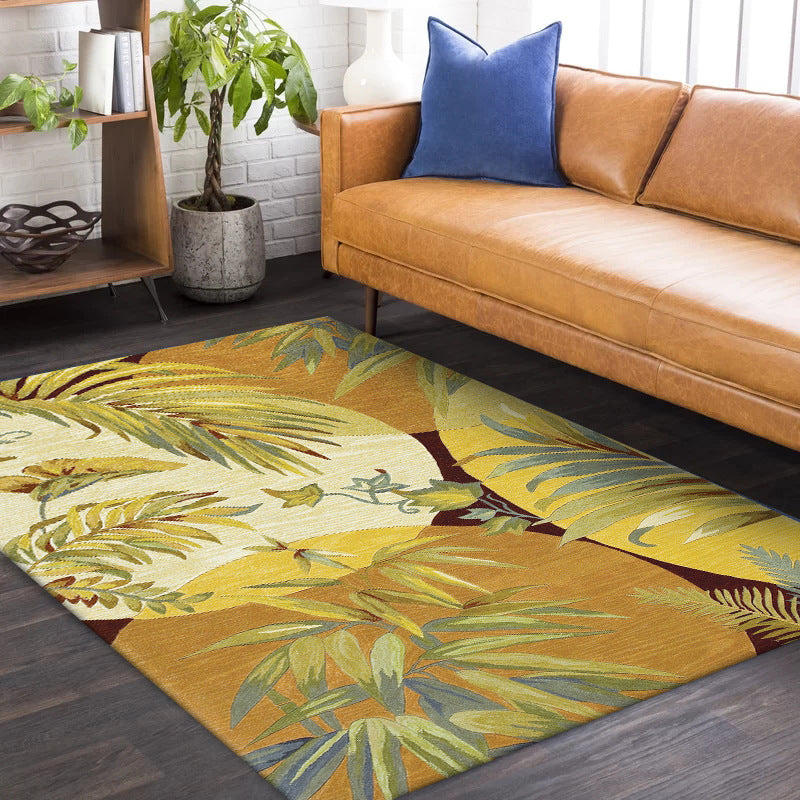 BowLift | Retro Leaf Pattern Carpet Yellow Classic Carpet Polyester Washable Non-Slip Backing Carpet for Living Room