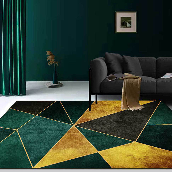 Simple geometric pattern rug green and golden Nordic rug polyester washable non-slip back rug for living room | Bowlift