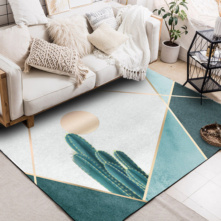 Modern living room rug in green and gray color block cactus sun print rug polyester non-slip backing washable rug | Bowlift