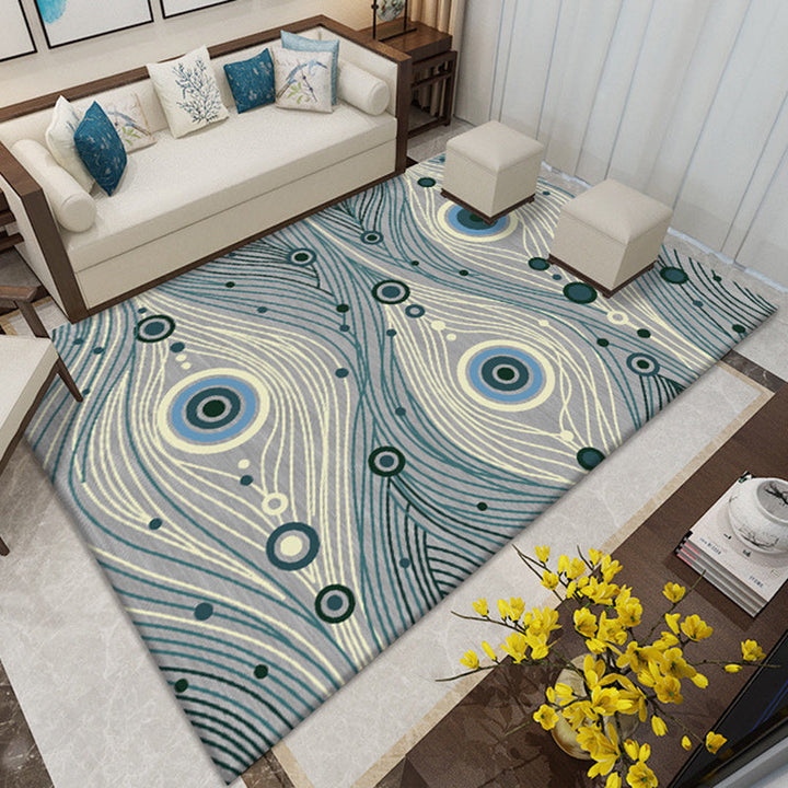 BowLift | Southwest Living Room Rug in White and Blue Circle Line Print Rug Polyester Stain Resistant Area Rug