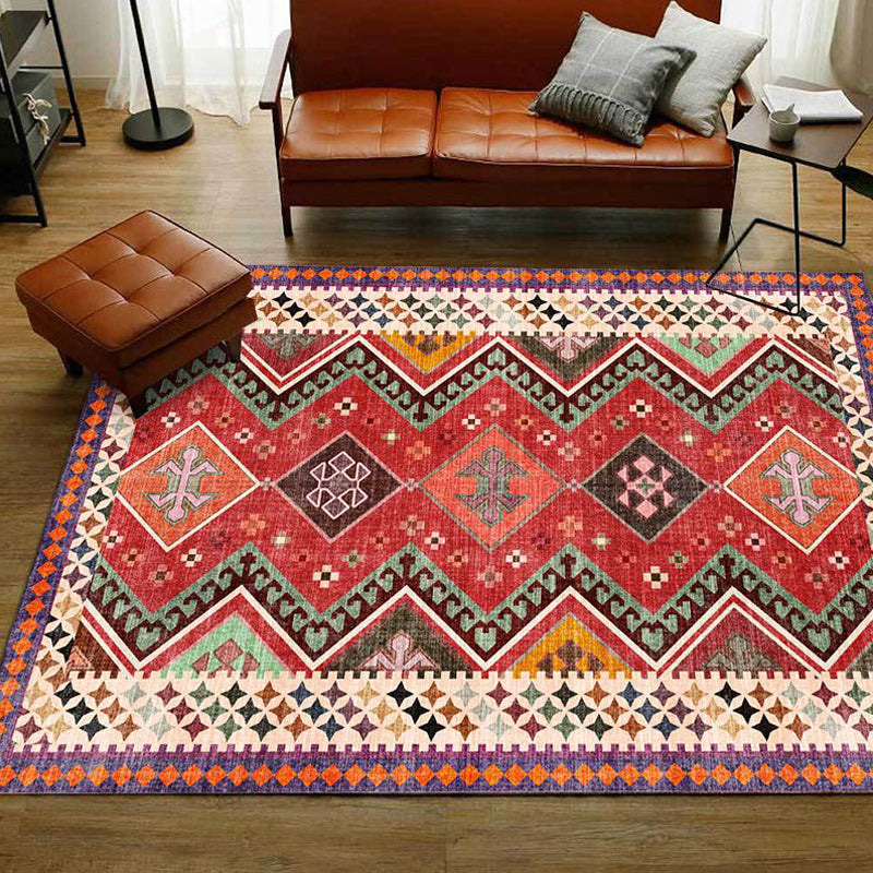 BowLift | Red Bedroom Rug Southwestern Geometric Diamond Wave Pattern Rug Polyester Non-Slip Backing Rug