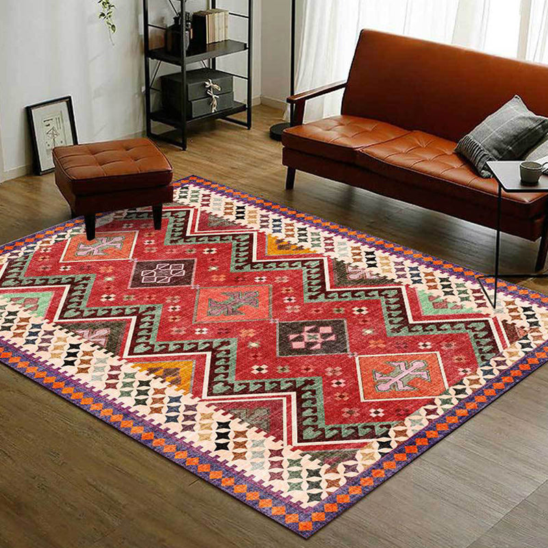 BowLift | Red Bedroom Rug Southwestern Geometric Diamond Wave Pattern Rug Polyester Non-Slip Backing Rug