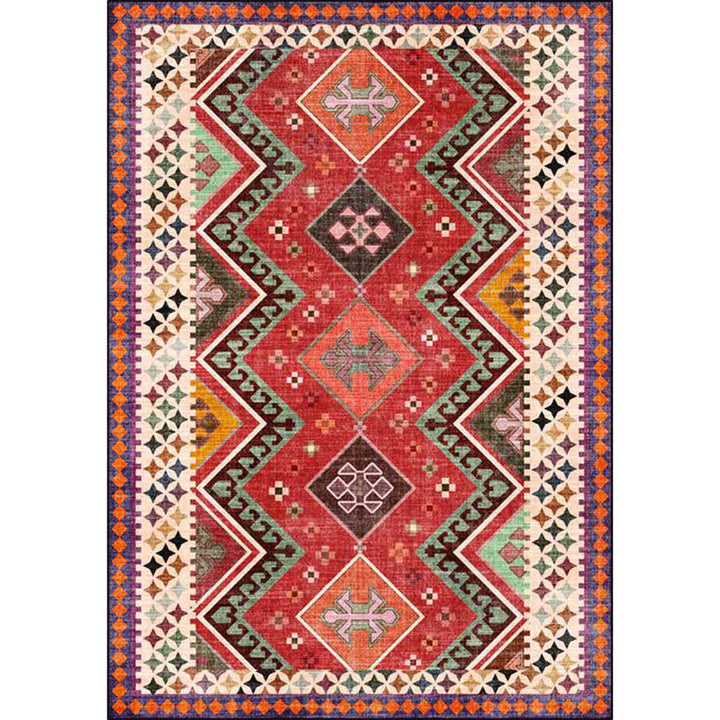 BowLift | Red Bedroom Rug Southwestern Geometric Diamond Wave Pattern Rug Polyester Non-Slip Backing Rug