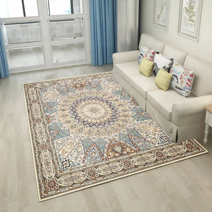 Brown bedroom rug with Moroccan medallion pattern made of polyester, non-slip, machine washable | Bowlift