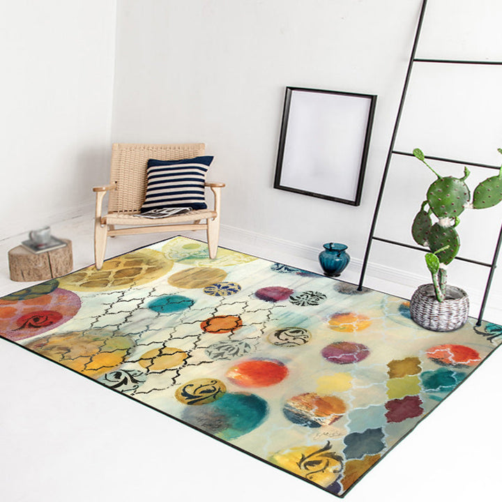 Ivory and Yellow Bedroom Carpet Modern Abstract Circle Pattern Carpet Polyester Washable Rug | Bowlift