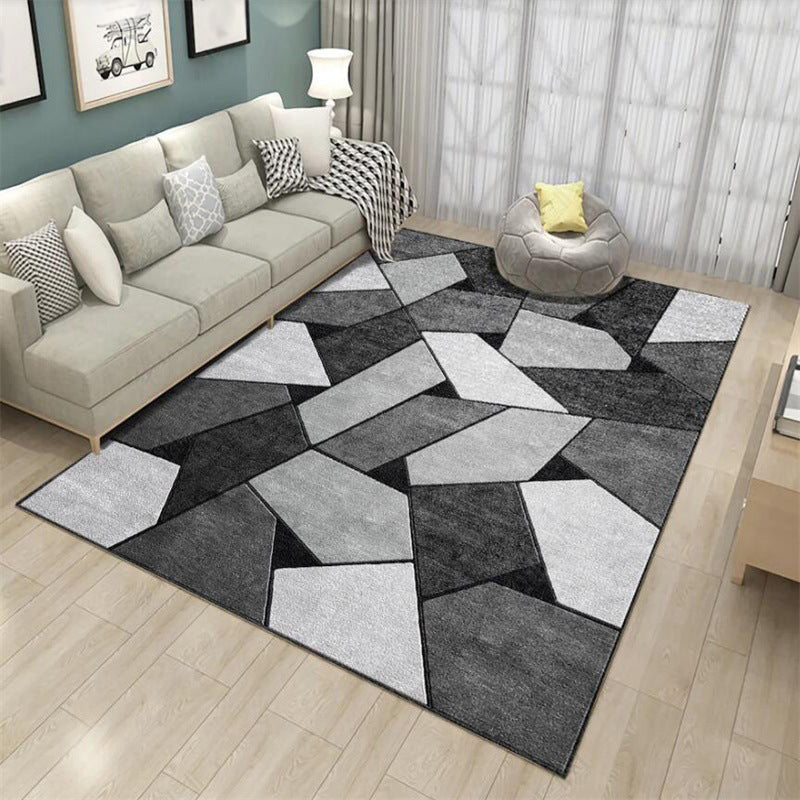 Modern living room rug in black and gray color block irregular shape printed rug polyester machine washable rug | Bowlift