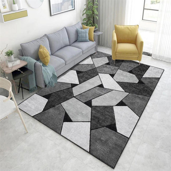 Modern living room rug in black and gray color block irregular shape printed rug polyester machine washable rug | Bowlift