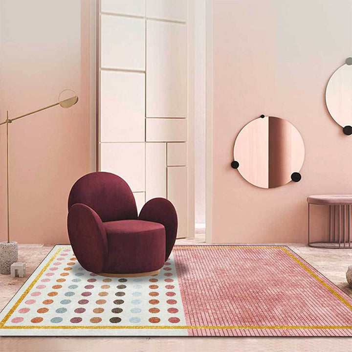 Modern living room rug in pink and gray color block dots stripes print rug polyester non-slip back rug | Bowlift