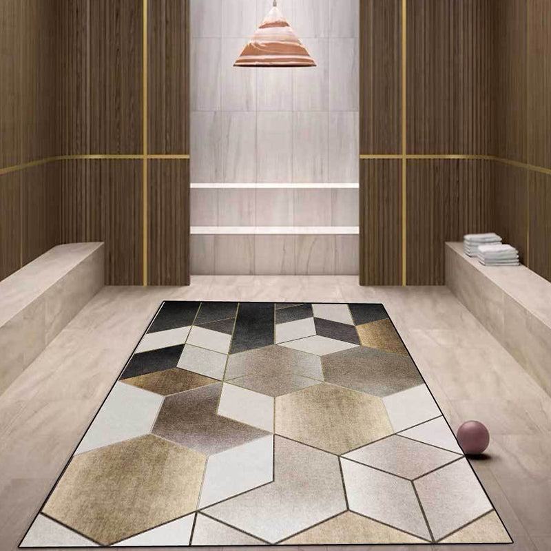 Brown and Black Bedroom Rug Modern Geometry Hexagon Triangle Pattern Rug Made of Polyester Washable Rug | Bowlift