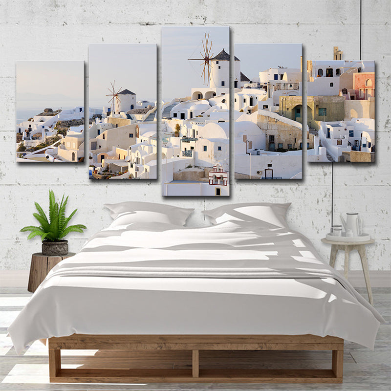BowLift | White Santorini Houses Wall Art Multi-Part Globally Inspired Bedroom Canvas Print