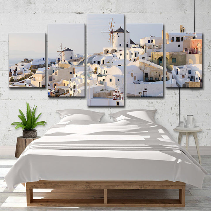 BowLift | White Santorini Houses Wall Art Multi-Part Globally Inspired Bedroom Canvas Print