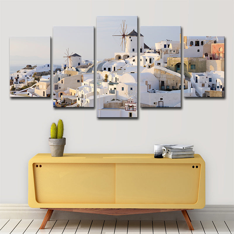 BowLift | White Santorini Houses Wall Art Multi-Part Globally Inspired Bedroom Canvas Print