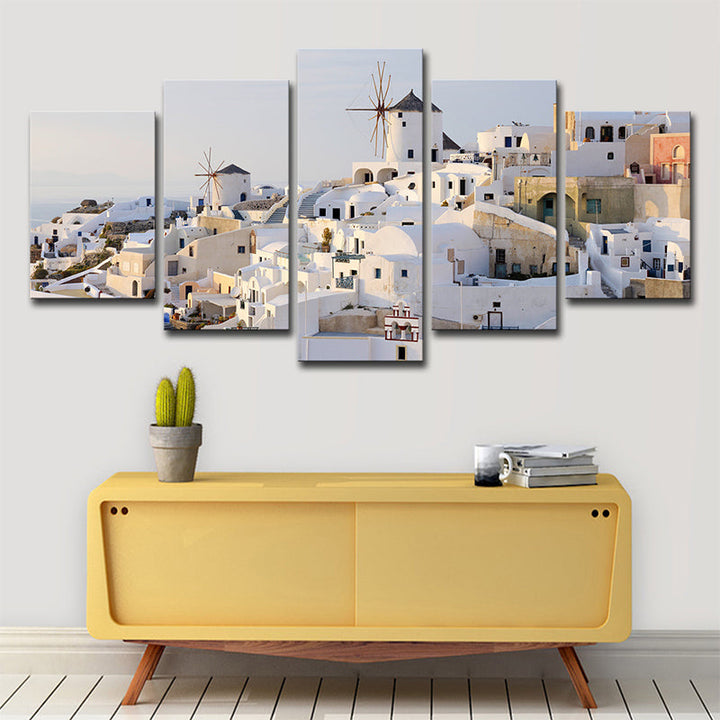 BowLift | White Santorini Houses Wall Art Multi-Part Globally Inspired Bedroom Canvas Print