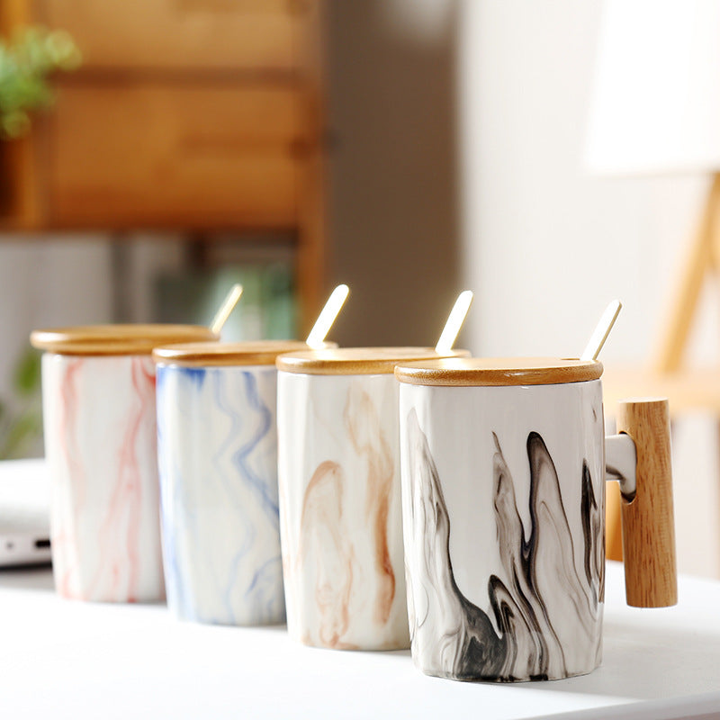 Ergonomic ceramic mug with solid wooden handle bamboo lid and metal spoon in gift box Bowlift