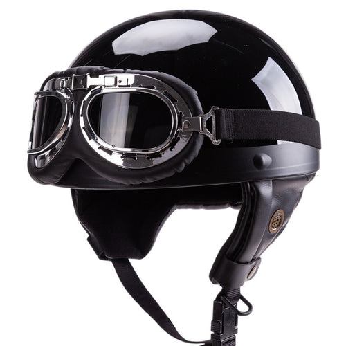 Vintage-Style Open-Face Motorcycle Helmet with Goggles Bowlift