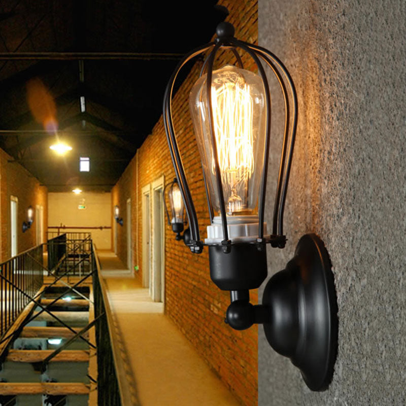 BowLift | 1 Light Mini Wall Lamp Wall Bracket with Wire Frame Industrial Black Iron Wall Mount Lamp for Hallway