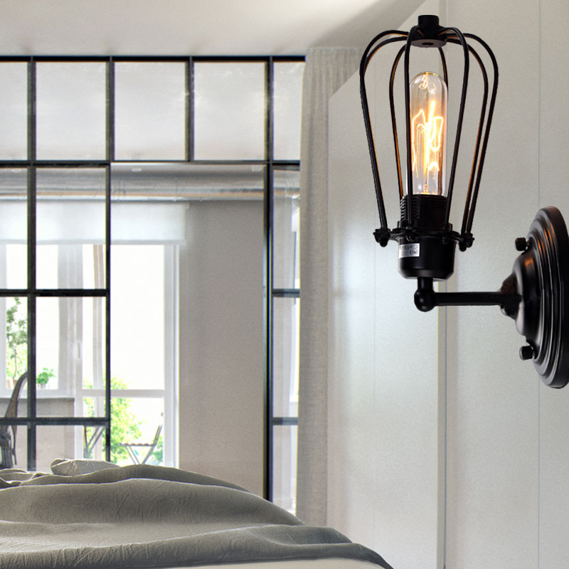 BowLift | 1 Light Mini Wall Lamp Wall Bracket with Wire Frame Industrial Black Iron Wall Mount Lamp for Hallway