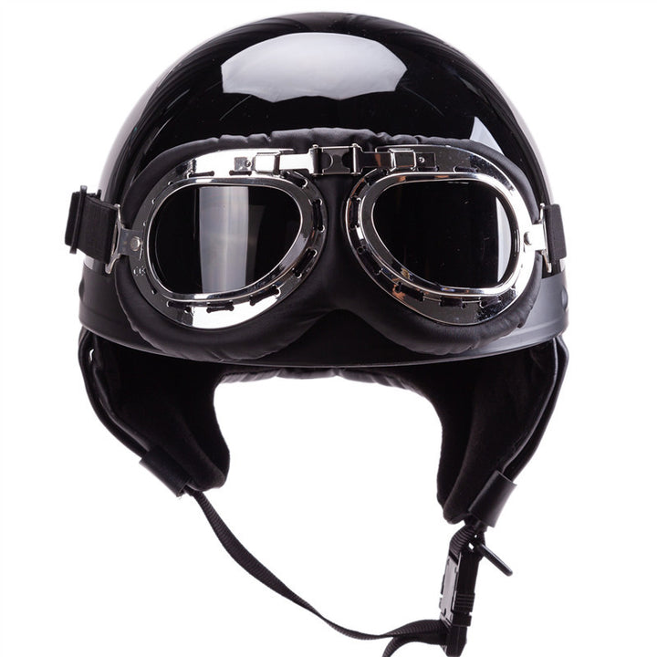Vintage-Style Open-Face Motorcycle Helmet with Goggles Bowlift