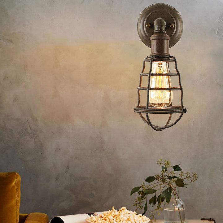 BowLift | Rust Finish Mini Wall Lamp with Cage Shade Antique Style Iron 1 Light Farmhouse Wall Mount Lighting