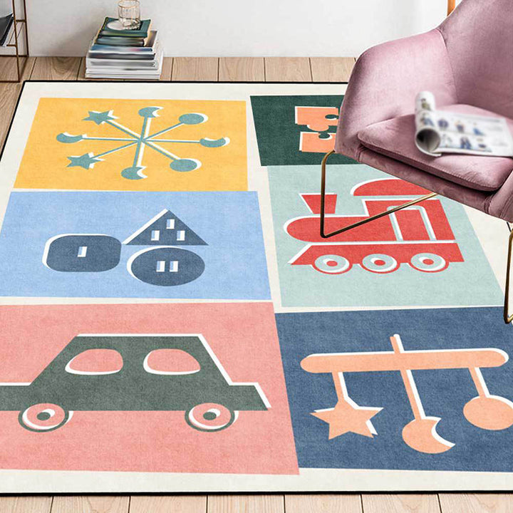 BowLift | Unique children's carpet Colorful cars & roads Duck tank Plane pattern carpet Polyester Pet-friendly carpet for the children's room