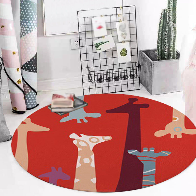 BowLift | Red and Yellow Children's Room Carpet Children's Animal Cat Bear Giraffe Pattern Area Rug Polyester Pet-Friendly Washable Carpet