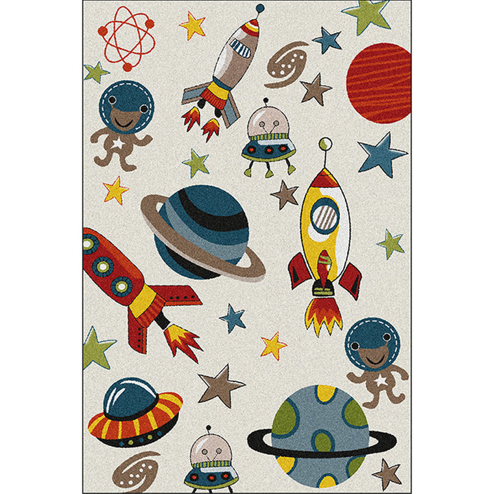BowLift | Ivory Kids Room Carpet Kids Space Planet Star Rocket Pattern Carpet Polyester Pet-Friendly Carpet
